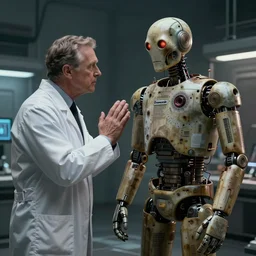 a visibly malfunctioning android arron judge pleading with a yankees scientist to repair him, sci - fi, austere