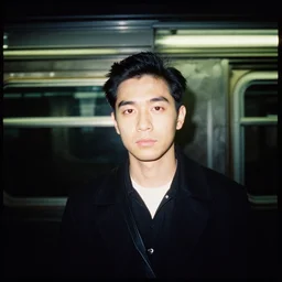 analog medium format hasselblad film night flash subway portrait in new york, head and shoulders portrait, 1 9 6 0 s film street photography, vintage expired colour film photograph