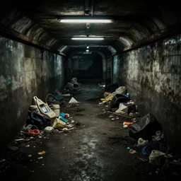 dark, dirty, underground metro, abandoned, creepy, piles of trash and junk