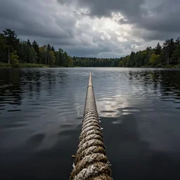 symmetrical color photograph of an infinitely long rope submerged on the surface of the water, the rope is snaking from the foreground towards the center of the lake, a dark lake on a cloudy day, trees in the background, moody scene, anamorphic lens