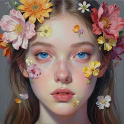 portrait of beautiful girl, blue eyes, covered in flowers by kilart, artgerm, 8 k, hyper detailed, hyper realism, acrylic paint, surrealism, smooth, sharp focus, sam spratt