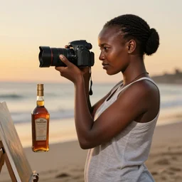 an ethiopian woman photographer, taking photos at the beach, during sunset, as a painting, with a bottle of liquor in her left hand