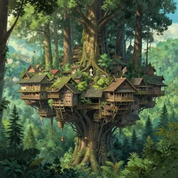 a suspended village built in the heights of a dense forest with very tall and large trees, ultra detailed, concept art, game art, matte painting, by tomasz alen kopera and peter mohrbacher, and michel - ange, artstation 8 k, greg rutkwowski, alphonse mucha, studio ghibli, hayao miyzaki, wlop, artstation, octane render