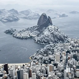 the city of rio de janeiro covered in snow, winter photograph, snowing, aerial view, 4 k, award winning photograph, beautiful, trending on instagram