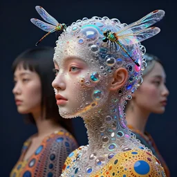 3 d goddess medium shot profile portrait. beautiful intricate highly detailed mask made entirely of bubbles and futuristic iridescent skin. dragonfly, 🪲, phosphorescence, water, reflections, creature, artwork by yayoi kusama, tooth wu and wlop and beeple and greg rutkowski, in the style of hudson river school,