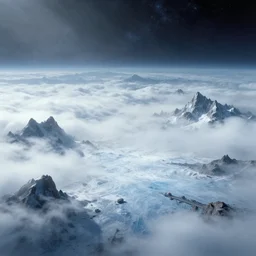 frozen unexplored wasteland frontiers with clouds and fog on an alien science-fiction planet with distant mountains and snow by Syd Mead, Federico Pelat