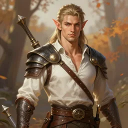 portrait of a beautiful fit young elf male ranger, with fluent cloths, leather armor, open shirt, by greg rutkowski and alphonse mucha, d & d character, gradient brown to white, autumn background, highly detailed portrait, digital painting, artstation, concept art, smooth, sharp focus illustration, artstation hq