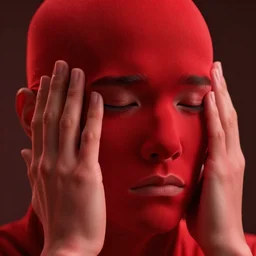 face pressing through elastic fabric, sad, highly detailed, modern, digital art, red color, unreal engine, photorealism, cinematic lighting, 8k photorealistic, dramatic, trending on artstation