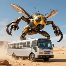 giant horsefly robot monster attacking a silver school bus in the desert, ultra detailed, 8 k, greg rutkowski, artgerm, trending on artstation, award - winning art,