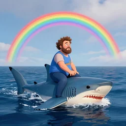 jack black riding a shark, ocean, rainbow