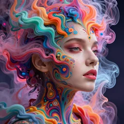 a beautiful woman engulfed in colorful liquid smoke and neon clouds, a colorful psychedelic experience, dmt, lsd, face, delicate, highly detailed, digital painting, artstation, concept art, smooth, sharp focus, illustration, digital art by hana yata, and artem demura and beeple, alphonse mucha, artgerm, octane render, unreal engine, 8 k