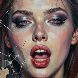 flashes from eyes of a traitor biting lips detailed mixed media collage with canvas texture in style of contemporary art, punk art, photorealism, sensual bodies, expressionism, masterpiece, perfect composition, spectacular quality, intricate oil details, broken glass photo, torn paper intricate texture, large cracks, liquid glue spots