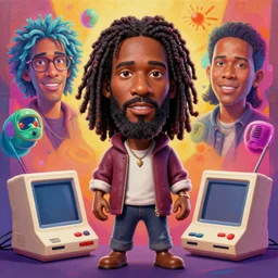 stylish caricature 3 d vfx drew struzan movie poster art of an african jesus, retro gaming consoles, art style by james jean & hsiao - ron cheng, unreal engine render, digital illustration, sharp, intricate detail, volumetric lighting, ray tracing, soft light, colourful, claymation style, ernie barnes style, symmetry, acrylic on canvas, pinterest, art