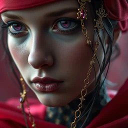 close up portrait of a necromancer girl, by tom bagshaw and greg rutkowski, red fabric, portrait of fiber amethyst weaving into strands of gold and brass and iron metal filigree joining into carbon fiber strands, fractal shapes, dramatic lighting, ultra detail, close up, dof, smooth render, cinematic, octane render, art nouveau