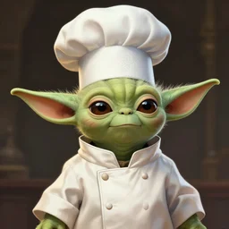 portrait of cute young yoda chef cook with a chef hat, intricate, elegant, highly detailed, digital painting, artstation, concept art, smooth, sharp focus, illustration, art by artgerm and greg rutkowski and alphonse mucha, 8 k