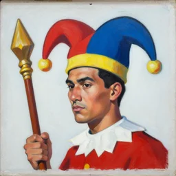 greg manchess side portrait of a filipino fighter with a jester hat and a scepter, organic painting, sunny day, matte painting, bold shapes, hard edges, street art, trending on artstation, by huang guangjian, gil elvgren, ruan jia, randy vargas, greg rutkowski