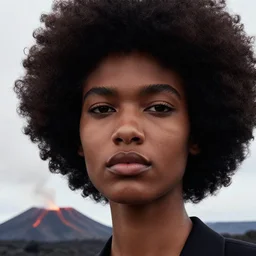 close up of face of a black fashion model with large afro at the edge of active etna vulcan, official valentino editorial, highly detailed