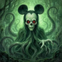 horror lovecraft portrait with tentacles of mickey mouse, creepy, detailed, ethereal, horror, fantasy, lovecraft, green, in the styles of magali villeneuve, claude monet, jeremy mann, greg rutkowski