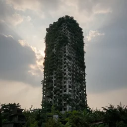 landscape photograph of an abandoned sky scraper over grown, 7 0 mm, f / 3. 5, photography, landscape photography, instagram, ambient lighting, god rays, realism uhd, photo realistic