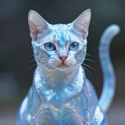 focus on a liquid metal cat, shimmering, in the style of thomas kinkade, hr giger, ultra hd, super - resolution, angelic, liquid metal, gradient translucent blue - n 6