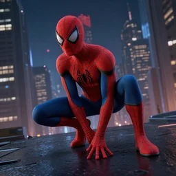 off angle beautiful full body shot film still of spiderman at night in science fiction city hard surface modeling unreal redshift