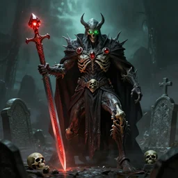 undead mighty lich wizard with ruby scythe, skulls and bones, green glowing eyes, dramatic light, graves, graveyard, flash, hyperdetailed, ArtStation, 35mm, ZBrush, Jacub Rozalski, Frank Frazetta