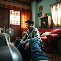 1 9 9 3, disposable camera, flash, pov, wide shot of asian couple hugging at each other, sitting in rural living room, group of mechanical fans placing around the room, day light, colorful mood, high details, octane render, 8 k