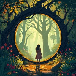woman discovers a mirror portal in her garden. the dimensional gateway leads to a mystical forest, pixiv fanbox, dramatic lighting, maximalist warm color palette, splatter paint, pixar and disney concept, graphic novel by fiona staples and dustin nguyen, peter elson, alan bean, wangechi mutu, clean cel shaded vector art, on artstation
