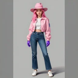 gorgeous!!! hyper - realistic teenager girl with pink hair, light pink fedora hat and light pink jacket, with purple gloves, blue jeans and white shoes | drawn by wlop, drawn by jeehyung lee, drawn by artgerm | intricate, highly detailed, digital painting, character design, concept art, illustration, artstation