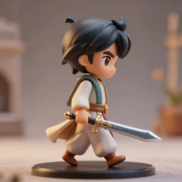 side view of a walking young aladdin with arabian sword as nendoroid, 8 k, hd, dof, kodak film, volumetric lighting, subsurface scattering, photorealistic, octane render