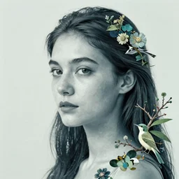 a Female Portrait by Miho Hirano, realistic, detailed, blue, green tonalities, beautiful collage technique including flora, branches, birds, butterflies, beautiful Fantasy detailed trending on artstation, oil painting, high quality print, fine art with subtle redshift rendering