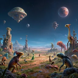 landscape image with various different alien creatures, on alien planet, extremely detailed digital matte painting, clear skies, night, vibrant, stunning lighting
