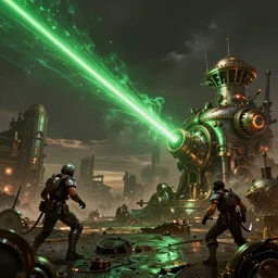 space battle, huge green laser, steampunk