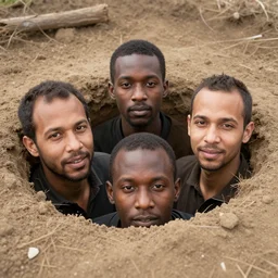 three man head of different races protruding from a hole in the ground