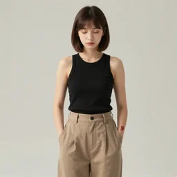portrait of a girl in long pants and a top, hands in pockets, eyes closed, red heart shaped tattoo on the right hand, bob haircut, digital art, black and white, detailed illustration by junji ito and kaoru mori