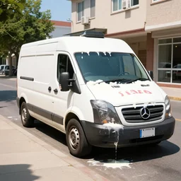 a melting ice cream van outside on the street, sunny day