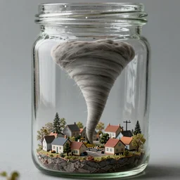 A macro diorama surreal photo of a tornado inside a glass jar. Inside the glass jar is a small village. Closeup ultra macro photography, canon 200mm f/2.8 ISO 600, award winning, masterpiece photography, national geographic