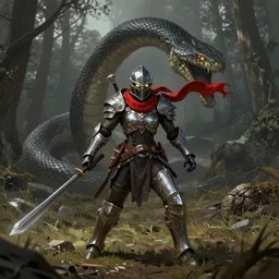 a matte painting of a helmeted female warrior wearing battle worn bionic armor with a red scarf billowing behind her fighting a monstrous snake creature in the forest plains of north yorkshire, good value control, concept art, digital painting, sharp focus, fight scene, Anthem game, power armor, ((((knight)))), dark souls, elden ring, battle angel, symmetrical, single character full body, 4k, illustration, glowing eyes, rule of thirds, centered, moody colors, moody lighting,