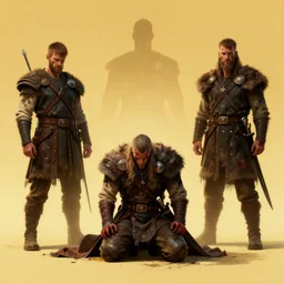 aesthetic digital illustration of a defeated viking warrior on his knees by anne stokes, greg rutkowski, and brian belledin | dirty and bloody, concept art, character concept, matte background, golden ratio, rule of thirds, golden hour lighting, unreal engine, finalrender, centered, deviantart, artgerm