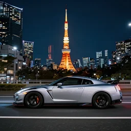 sideview of a skyline gtr driving in tokyo at night, 4k photo