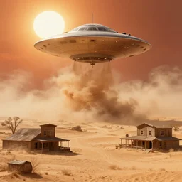 ufo above dusty old western town in the middle of desert surrounded by sandstorm, scorching heat, sun, midday, concept art, sharp, artstation, cgsociety
