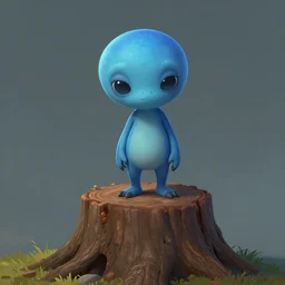 a blue - headed, blue alien standing on a greed - headed brown tree stump, fantasy art, artstation, trending, ultra detailed, emotional