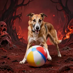 snarling hellhound dog playing with a colorful beachball in hell