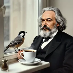 karl marx making a cup of coffee. a bird sits on the window ledge screaming at him to hurry up