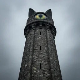 a high tower made of stone, huge evil cat eye at the top of tower, atmosphere, lighting