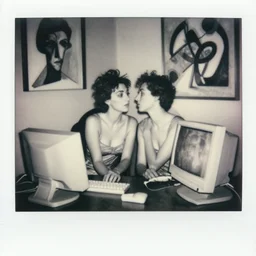 a black and white photograph of computers in love, in the style of egon schiele, jenny saville, m c escher, wassily kandinsky, piet mondrian, film photography, fashion photography, surreal, polaroid photography, soft lighting