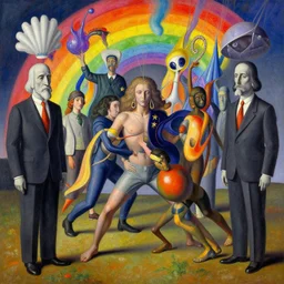 dynamic complexity by beksinski, carrington, bosch, dali, barlowe, magritte, pagan bright multirainbow color surrealism