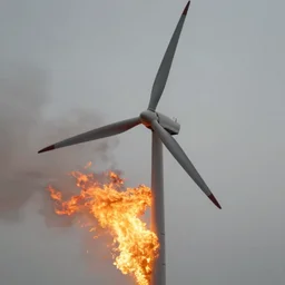 A wind turbine on fire, realistic, photo, highly detailed, soft lighting