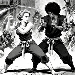 scarlett johansson kung - fu master fights zombie, scene by david finch, black and white, afro samurai manga style
