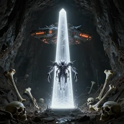 white neon obelisk, super radiating alien spaceship with orange mecha leds, spiky lopsided ferrofluid creature in the center of the decrepit ultra dark underground cave by ross tran and ivan aivazovsky. skulls, big bones, eerie, hyper dark tone. by beeple beksinski. surreal architecture architecture architecture, bizzare landscape, precisionism precisionism precisionism, dark souls!!!!